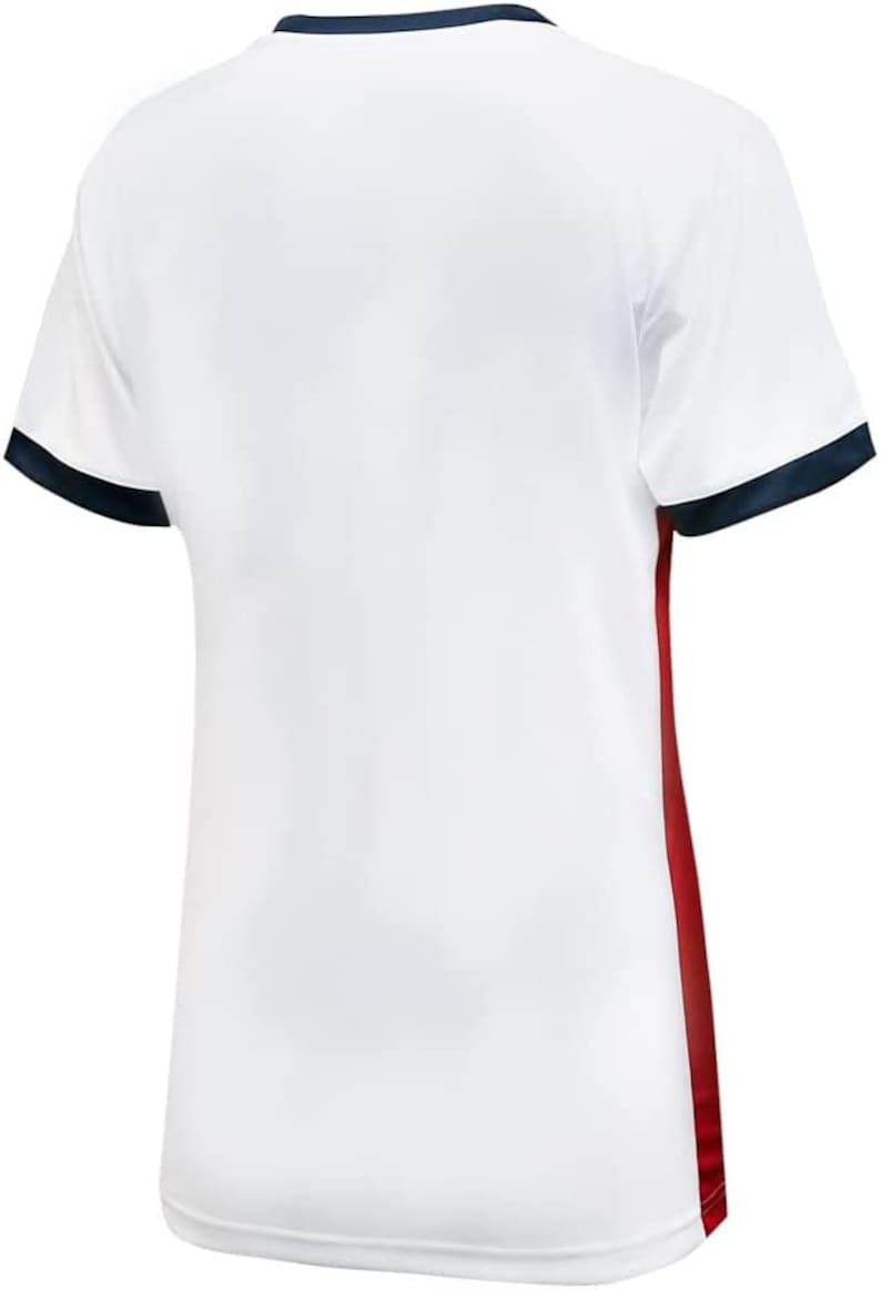May include: White football shirt with navy blue trim on the collar and sleeves. The shirt has a red stripe down the right side.
