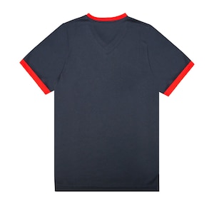 May include: A dark blue t-shirt with red trim around the neck and sleeves.