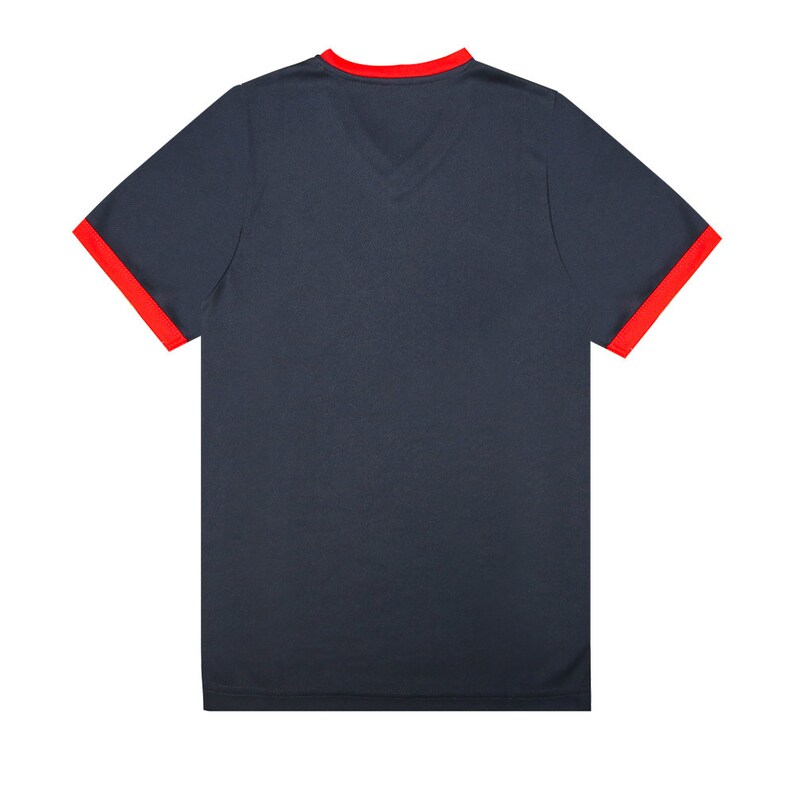 May include: A dark blue t-shirt with red trim around the neck and sleeves.