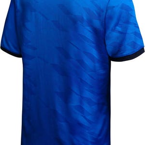 May include: A royal blue athletic jersey with a geometric pattern. The short-sleeved shirt has a crew neck and black trim on the collar and sleeves. The back of the shirt is visible in the image.