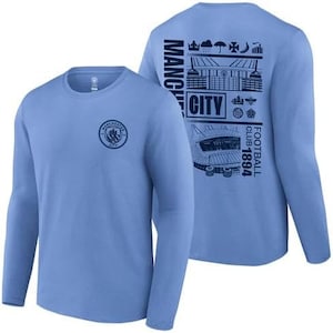 Manchester City Distressed Logo T-Shirt Long Sleeves  - 2 Sides Light Blue Version Name and Number at the Front or Sleeves