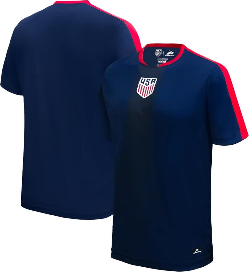 May include: Navy blue short-sleeve athletic shirt with red accents on the shoulders and neckline. The shirt features the USA logo on the chest. The shirt is made of a breathable, moisture-wicking fabric, suitable for sports and training.
