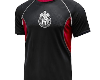 May include: Black short-sleeved athletic shirt with red accents and a white team logo on the front. The logo is a crest with a crown, a shield, and the text "Club Deportivo Guadalajara" around the shield.