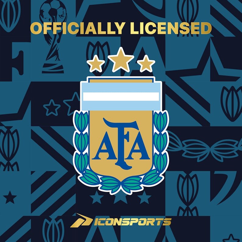 May include: Officially licensed Argentina national team logo on a teal background. The logo features a gold and teal crest with the letters "AFA" in blue, three gold stars, and the text "OFFICIALLY LICENSED" in gold.