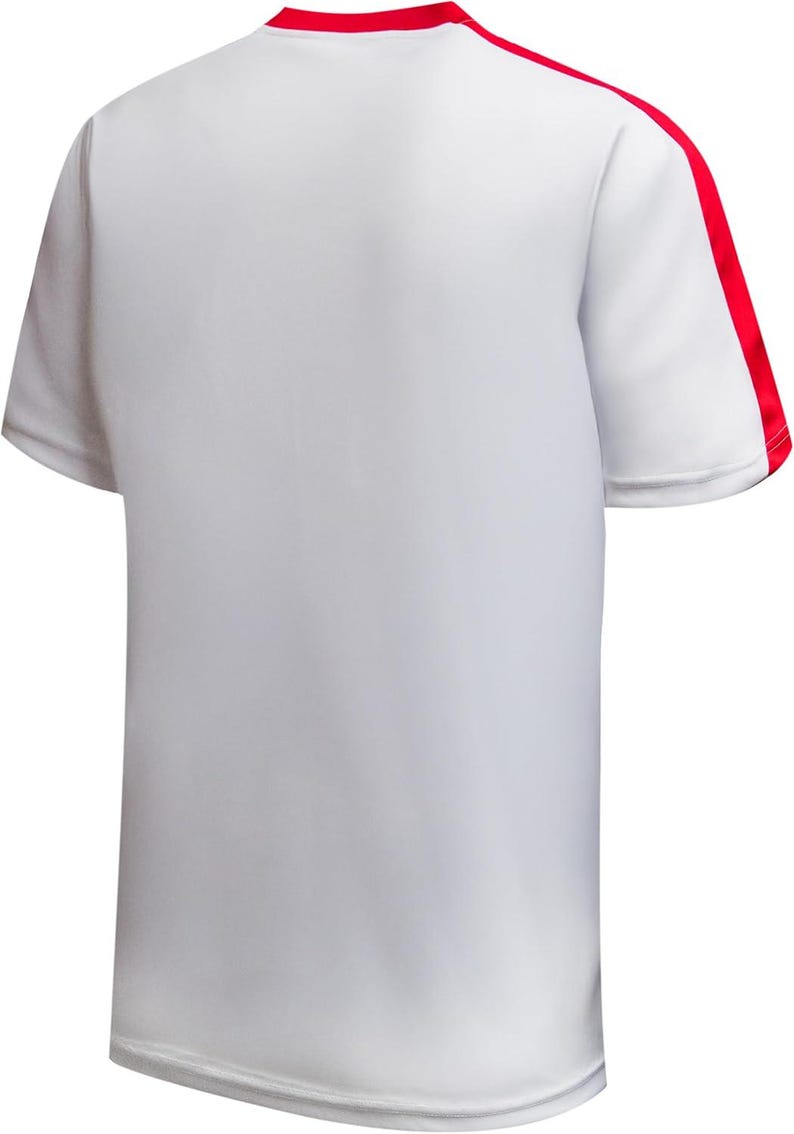 May include: White short-sleeved t-shirt with red accents. The shirt features a red stripe down the shoulder and around the neckline. The back of the shirt is visible, showcasing the simple design and color scheme. This athletic-style shirt is suitable for sports or casual wear.