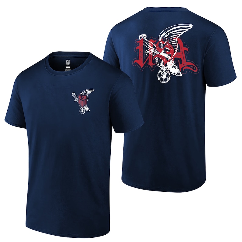 May include: A navy blue t-shirt with a white eagle graphic on the front and a larger white eagle graphic with the text "USA" on the back.