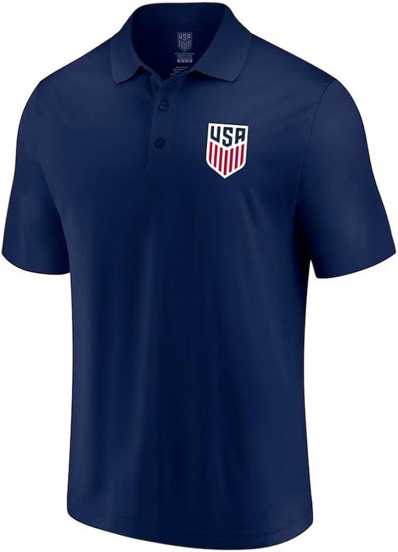 May include: A navy blue polo shirt with a white embroidered USA logo on the left chest.