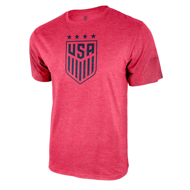 May include: Red heather t-shirt with a navy blue USA crest featuring five stars and vertical stripes.