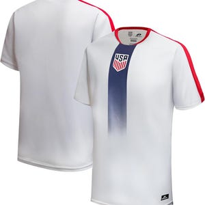 May include: White soccer jersey with a blue vertical stripe down the front and red accents on the shoulders and collar. The jersey features the USA emblem on the chest. The short-sleeved shirt is made of a lightweight material.