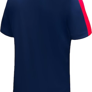 May include: Navy blue short-sleeve t-shirt with a red accent on the shoulder and neckline. The back of the shirt is visible, showcasing the solid color design. This athletic-style shirt is suitable for sports or casual wear.