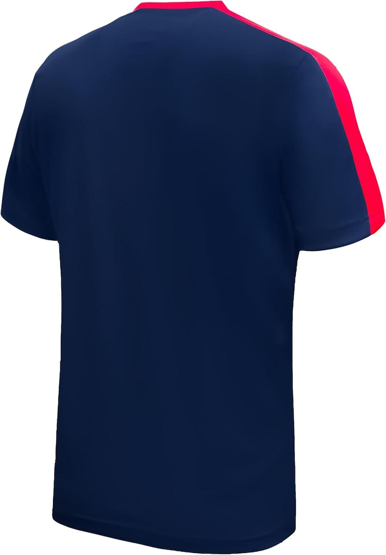 May include: Navy blue short-sleeve t-shirt with a red accent on the shoulder and neckline. The back of the shirt is visible, showcasing the solid color design. This athletic-style shirt is suitable for sports or casual wear.