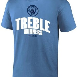 Icon Sports Officially Licensed Manchester City 2023 Treble Winners Adult Champions T-Shirt Home - Customer Name & Number
