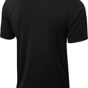May include: A black short-sleeved t-shirt made of a smooth, comfortable fabric.