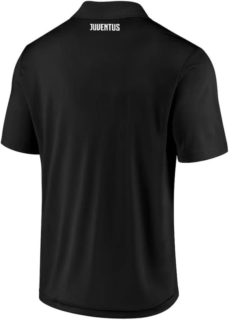 May include: Black short-sleeved polo shirt with the word "JUVENTUS" printed on the back in white.