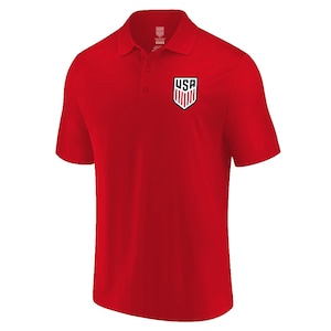 May include: Red short-sleeved polo shirt with a small embroidered USA logo on the left chest.