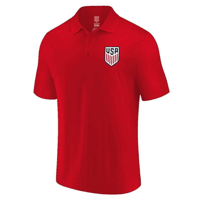 May include: Red short-sleeved polo shirt with a small embroidered USA logo on the left chest.