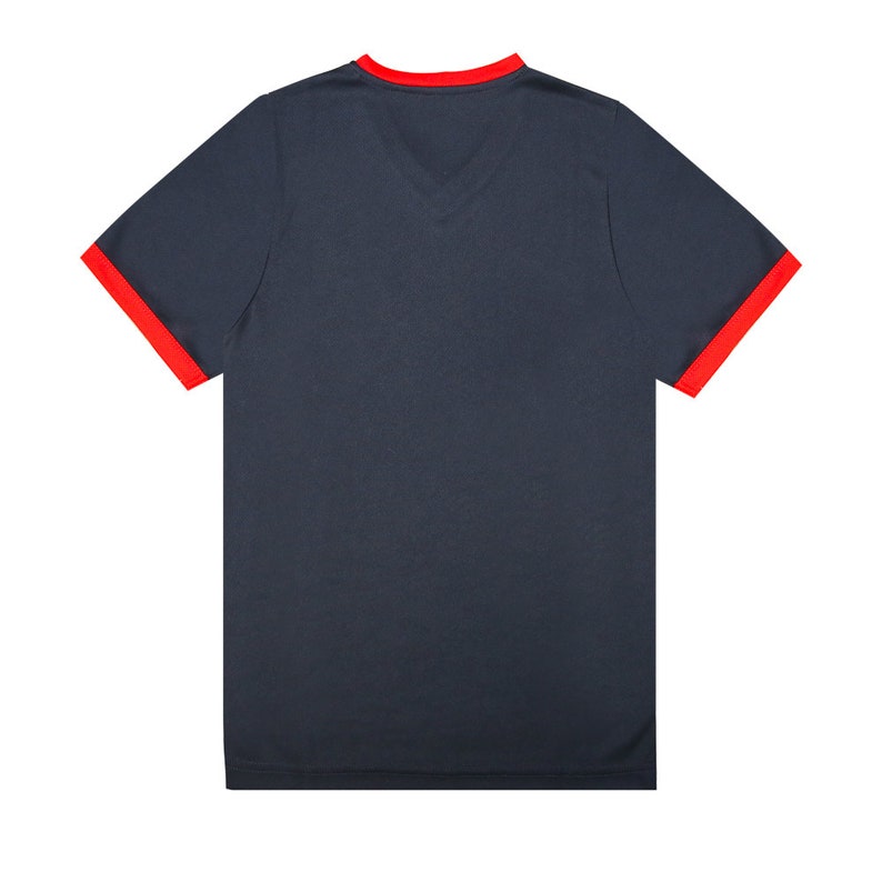May include: A dark blue t-shirt with red trim around the neck and sleeves.