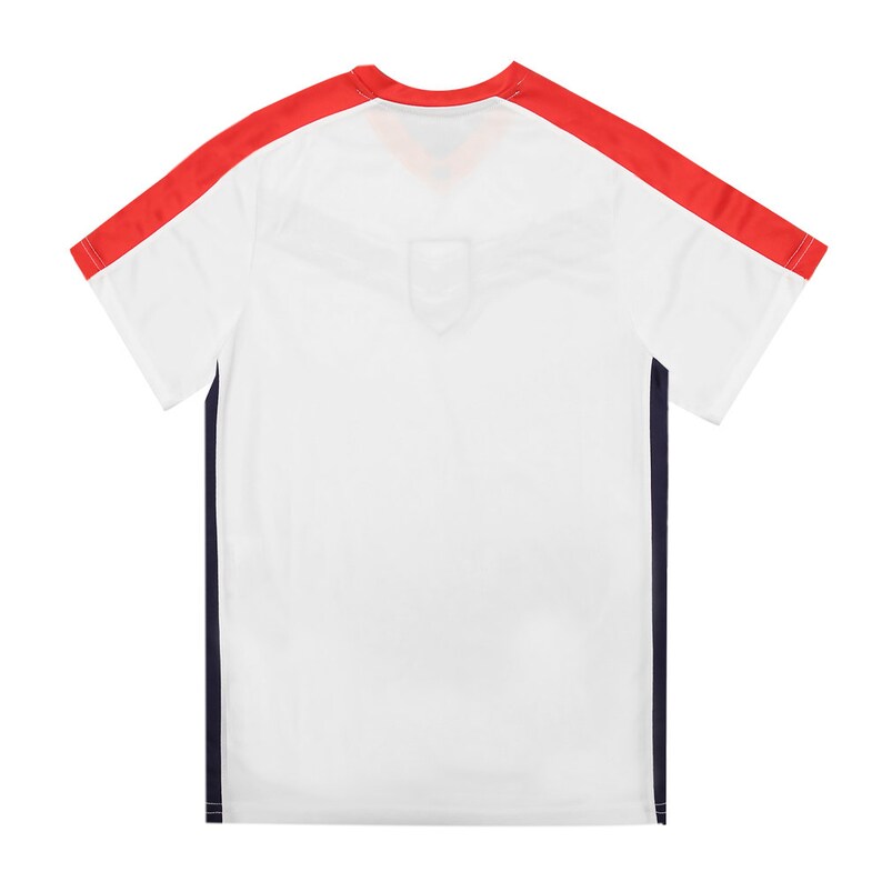 May include: White short-sleeved t-shirt with red and navy blue trim. The shirt has a v-neck and a small logo on the chest.