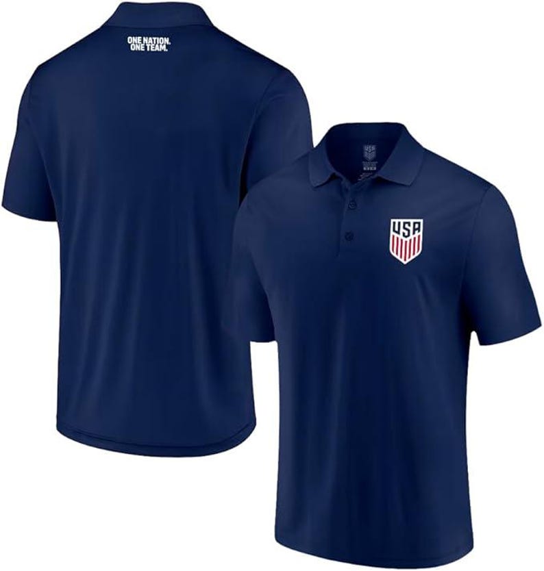 May include: Two navy blue polo shirts. One shirt has the text "ONE NATION, ONE TEAM" on the back. The other shirt has a red, white, and blue USA logo on the left chest.