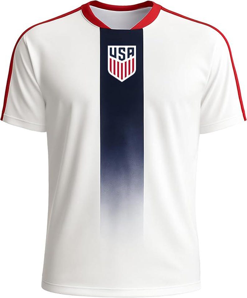 May include: White athletic jersey with a navy blue vertical stripe down the center and red accents. The jersey features the USA logo on the chest and red stripes along the shoulders. The shirt has a crew neck and short sleeves.