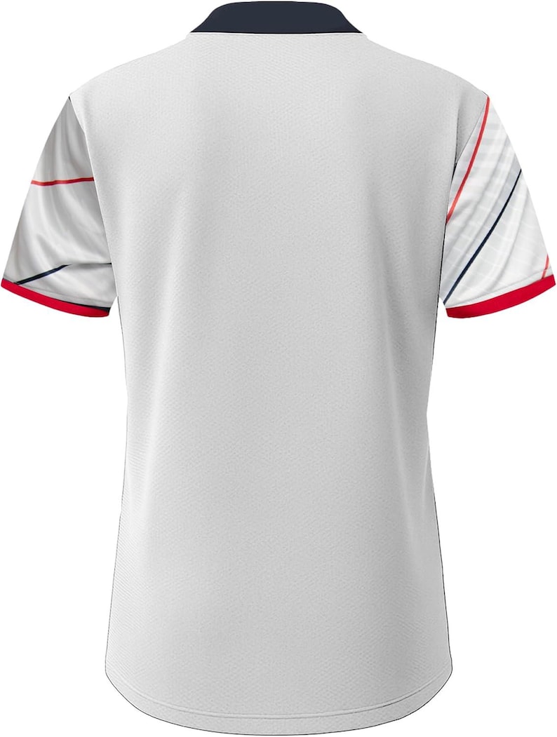May include: White athletic shirt with a navy blue collar and red trim on the sleeves. The sleeves have a white base with red and navy blue diagonal stripes. The shirt has a textured appearance.