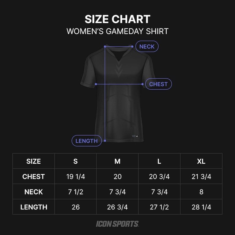 K&ouml;nnte beinhalten: Gr&ouml;&szlig;entabelle f&uuml;r ein Damen-Spieltag-Shirt mit Ma&szlig;en in Zoll f&uuml;r Brust, Hals und L&auml;nge. Die Gr&ouml;&szlig;en umfassen S, M, L und XL.