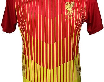 Può includere: Maglia da calcio rossa e gialla con un logo di squadra e il testo "LFC".