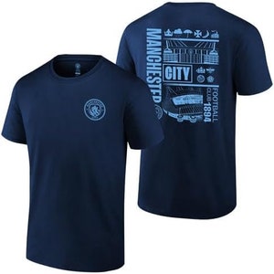 Manchester City Distressed Logo T-Shirt - 2 Sides Navy Blue Version Name and Number at the Front or Sleeves