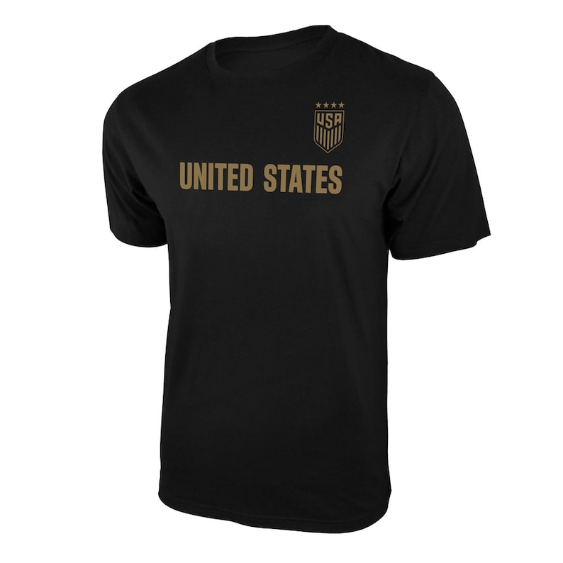 May include: Black t-shirt with a gold graphic of the United States crest and the text "UNITED STATES".