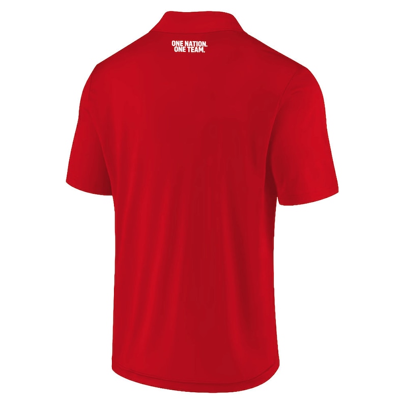 May include: Red short-sleeved polo shirt with a white embroidered logo that reads "ONE NATION. ONE TEAM."