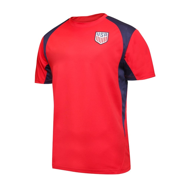 May include: Red short-sleeved t-shirt with navy blue accents and a white "USA" logo on the chest.