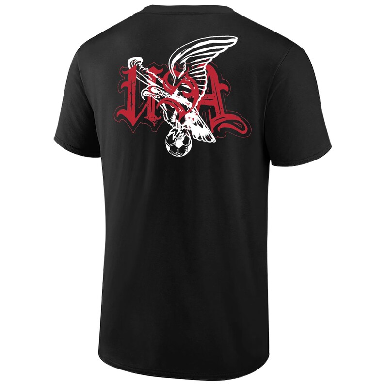 May include: Black t-shirt with a red and white graphic of an eagle holding a soccer ball with the word "USA" in a stylized font.