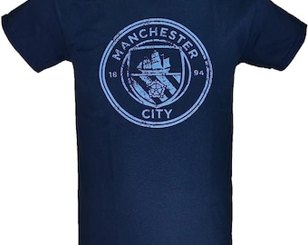 Manchester City Official Distressed Team Logo T-Shirt - Mens - Navy Name and Number