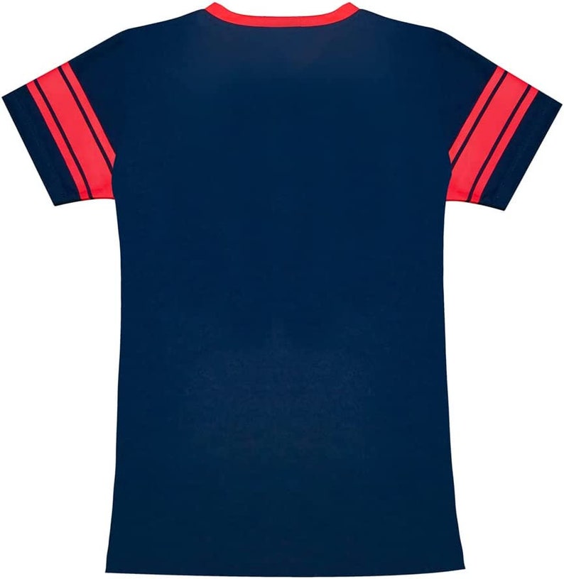 May include: Navy blue t-shirt with red accents. The shirt features a red collar and red stripes on the sleeves. The t-shirt is a classic style.