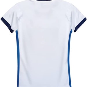 May include: White short-sleeved t-shirt with blue trim around the neck and sleeves and blue stripes down the sides.