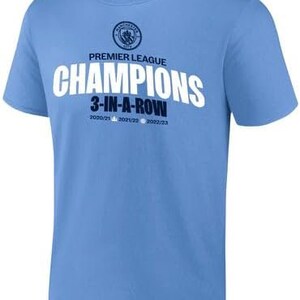 Icon Sports Officially Licensed Manchester City 2023 Treble Winners Adult Champions T-Shirt 3-IN-A-RAW Name and Number