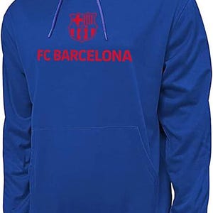 May include: A royal blue hooded sweatshirt with the FC Barcelona logo and team name in red.
