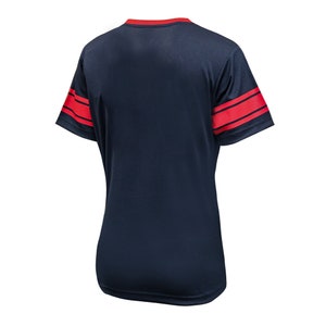 May include: A navy blue short-sleeved t-shirt with red stripes on the sleeves.