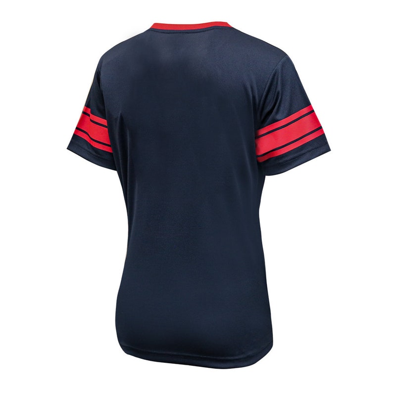 May include: A navy blue short-sleeved t-shirt with red stripes on the sleeves.