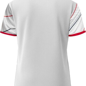 May include: White athletic shirt with a navy blue collar and red trim on the sleeves. The sleeves feature a white background with red and navy blue diagonal stripes. The shirt is made of a breathable, textured fabric.