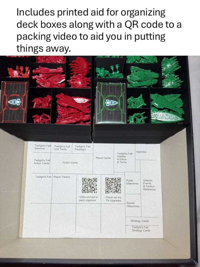 May include: Black deck box organizer with red and green game pieces. Includes printed aid for organizing deck boxes and a QR code for a packing video. The box is designed for the game Twilight's Fall.
