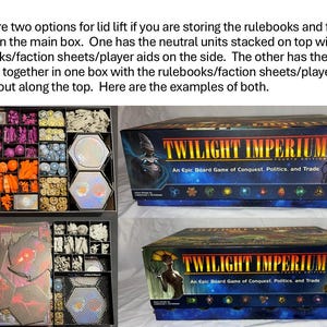 May include: Two board game boxes with the text "TWILIGHT IMPERIUM" and game components. One box shows components in various colors, including orange, purple, and white. The other box displays game cards and components.