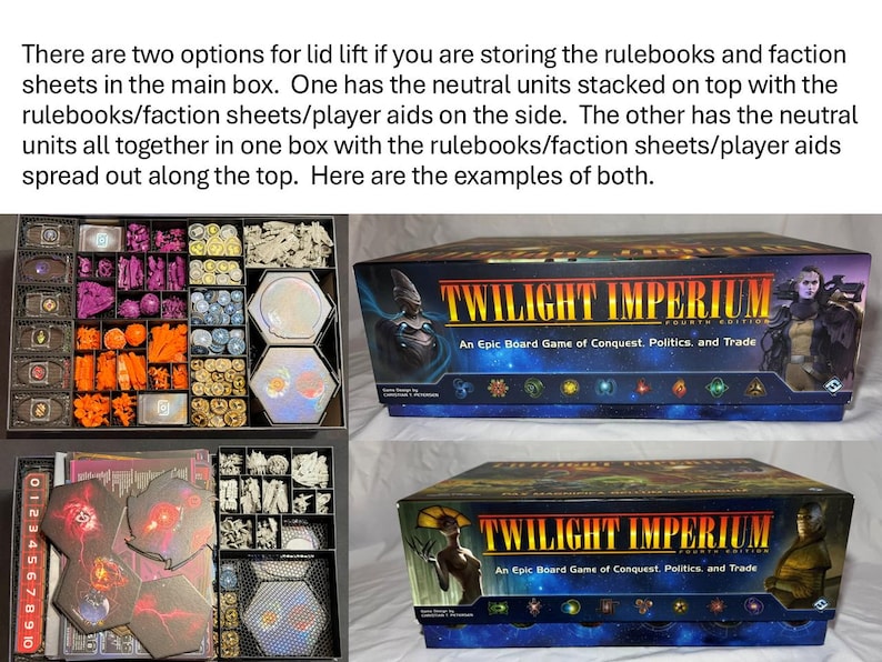 May include: Two board game boxes with the text "TWILIGHT IMPERIUM" and game components. One box shows components in various colors, including orange, purple, and white. The other box displays game cards and components.