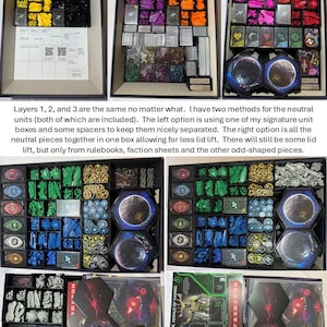 May include: A collection of board game components organized in black storage boxes. The boxes contain various game pieces in colors like yellow, purple, orange, green, and blue. Some boxes have cards and rulebooks. The text on the image says "Layers 1, 2, and 3 are the same no matter what."