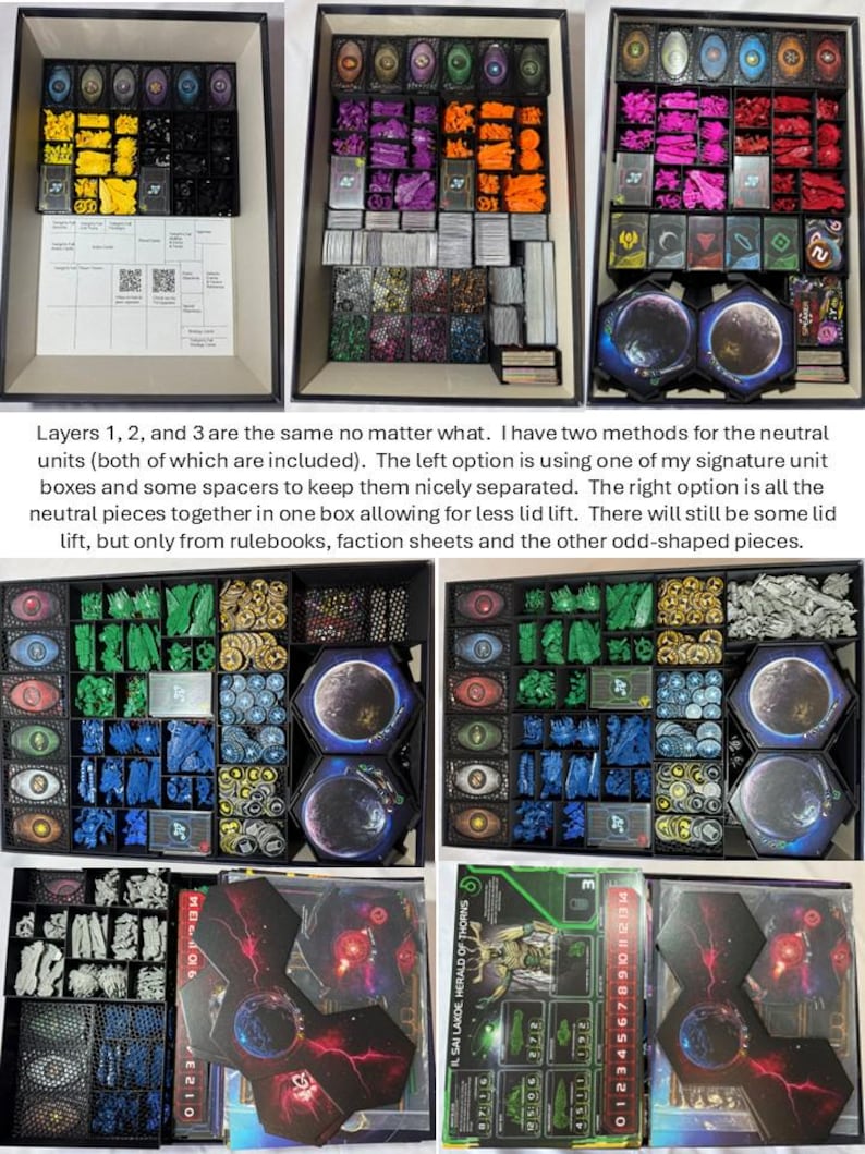 May include: A collection of board game components organized in black storage boxes. The boxes contain various game pieces in colors like yellow, purple, orange, green, and blue. Some boxes have cards and rulebooks. The text on the image says "Layers 1, 2, and 3 are the same no matter what."
