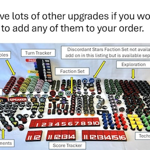May include: A collection of game components, including red, green, yellow, and blue tokens, a turn tracker, and a score tracker. The components are labeled with terms like "Wormholes," "Exploration," and "Frontier." The text at the top says "I have lots of other upgrades if you would like to add any of them to your order."