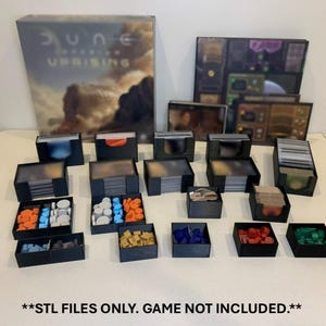 Organizador Dune Imperium/Uprising: expansiones Bloodlines, Rise of Ix e Immortality. Todo en una caja. Archivos STL para impresión 3D.