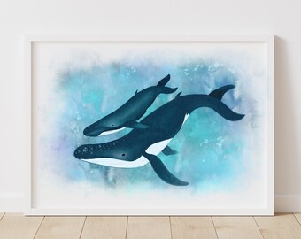 Mom and Baby Whale Print in Watercolor for Ocean Themed Baby Nursery Decor