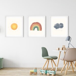 Watercolor Rainbow Sunshine and Raincloud Set of 3 Prints, Neutral ...