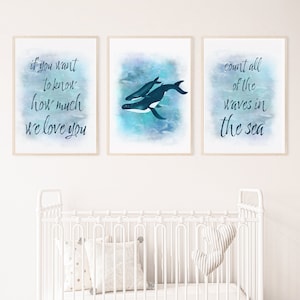 Beach / Ocean Themed Boys Bedroom Art Set, &quot;All the Waves in the Sea&quot; Mom and Baby Whale Print in Watercolor, for Ocean Baby Nursery Decor